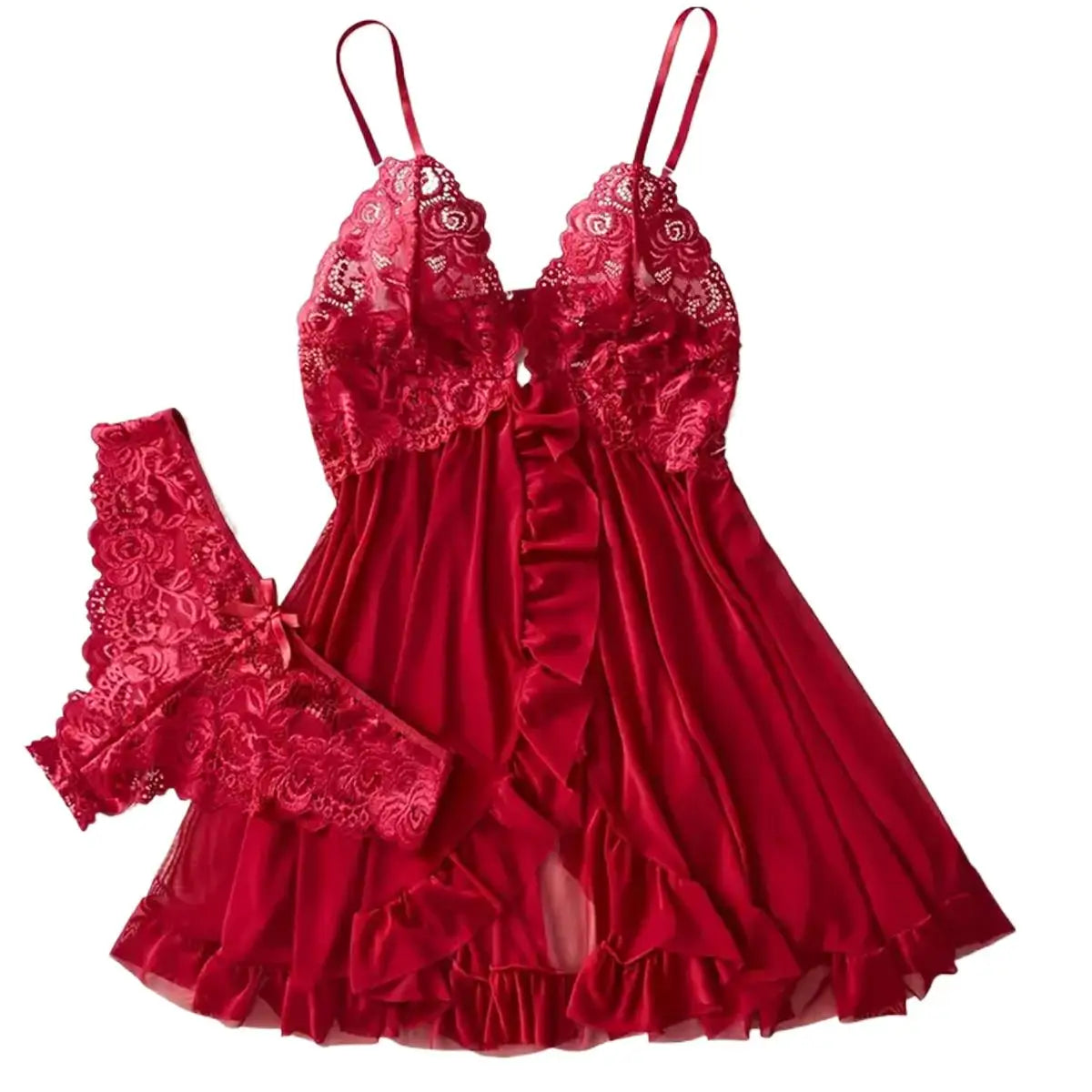 Elegant Transparent Red Lingerie Underwear Sleepwear Lace Nightdress Panty Pijamas Sets Female Babydoll