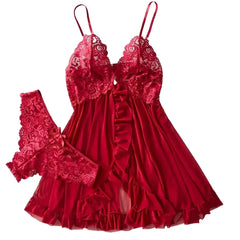Elegant Transparent Red Lingerie Underwear Sleepwear Lace Nightdress Panty Pijamas Sets Female Babydoll
