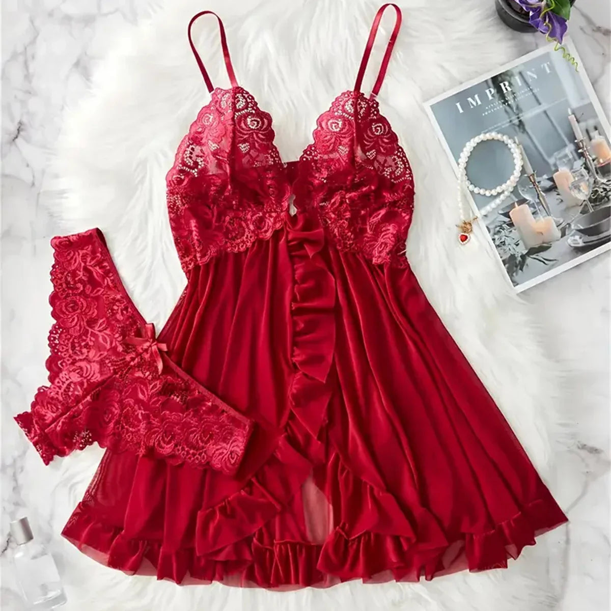 Elegant Transparent Red Lingerie Underwear See Through Sleepwear Lace Nightdress Panty Pijamas Sets Female Babydoll