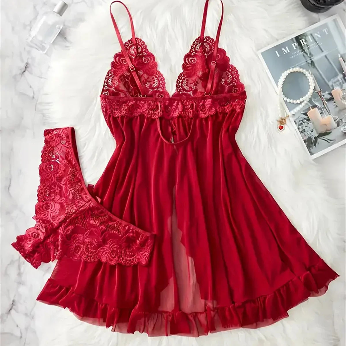 Elegant Transparent Red Lingerie Underwear See Through Sleepwear Lace Nightdress Panty Pijamas Sets Female Babydoll
