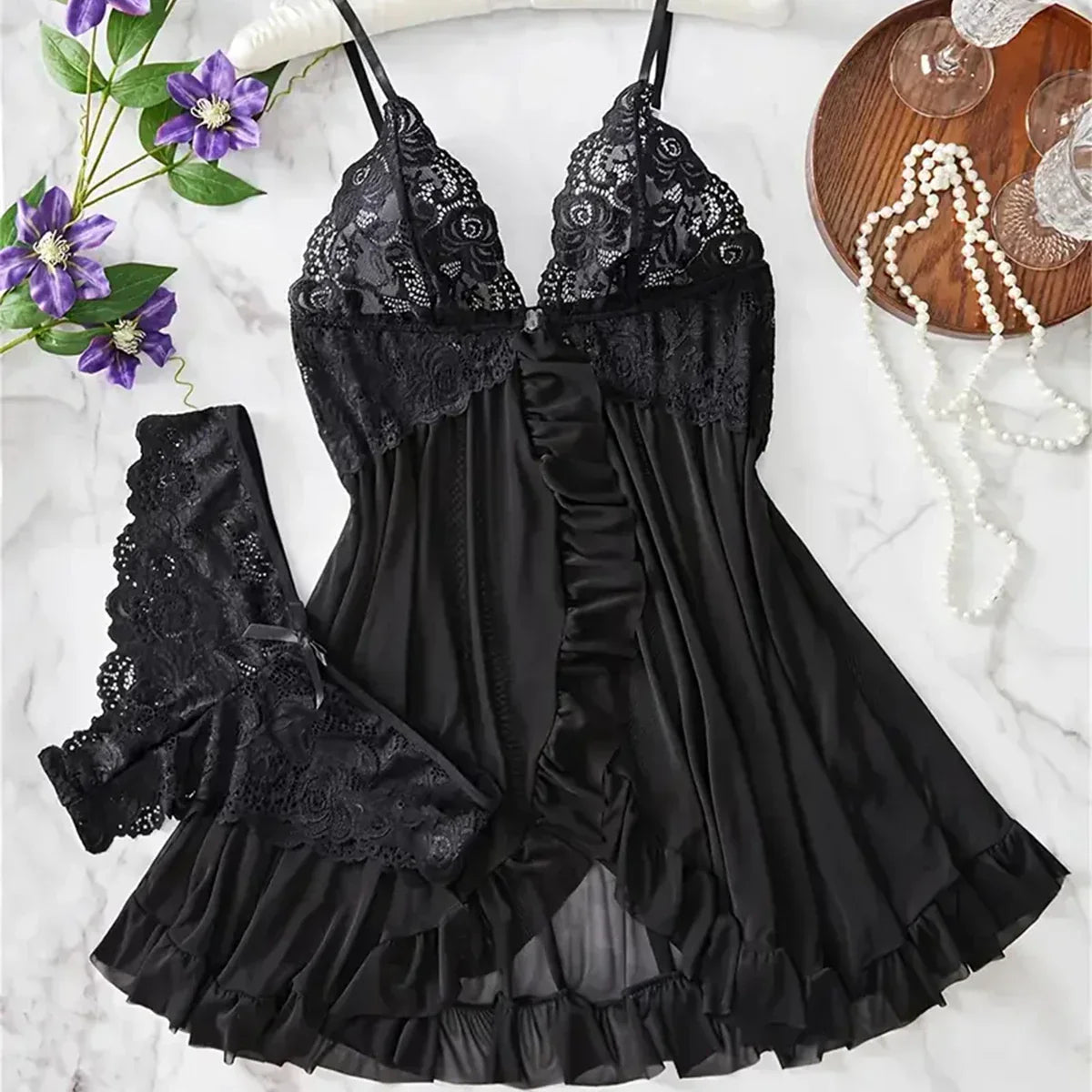 Elegant Transparent Red Lingerie Underwear See Through Sleepwear Lace Nightdress Panty Pijamas Sets Female Babydoll
