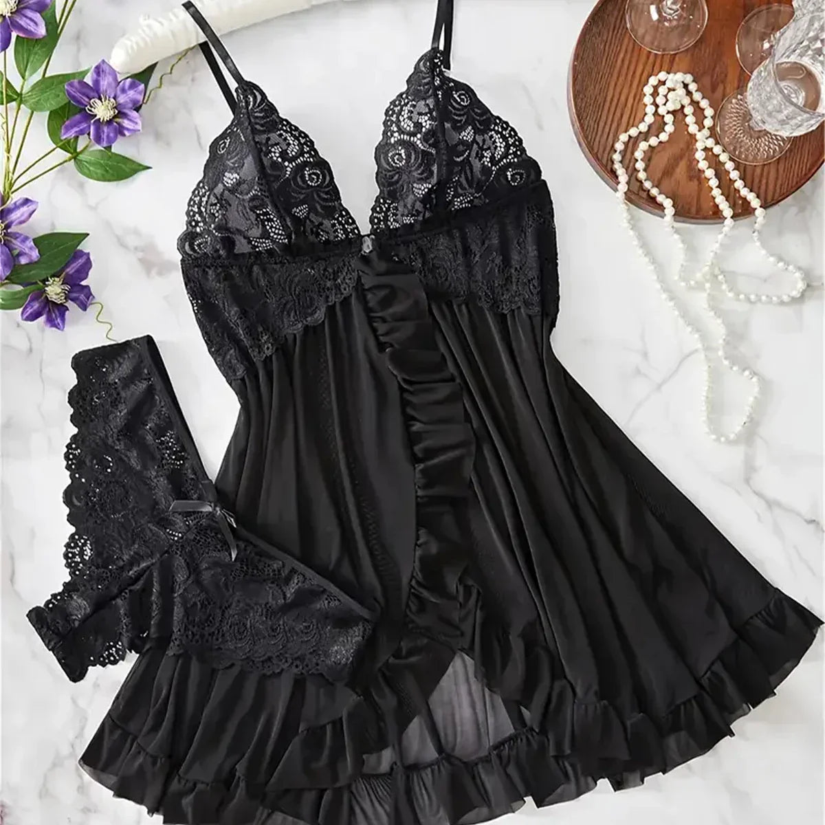 Elegant Transparent Red Lingerie Underwear See Through Sleepwear Lace Nightdress Panty Pijamas Sets Female Babydoll