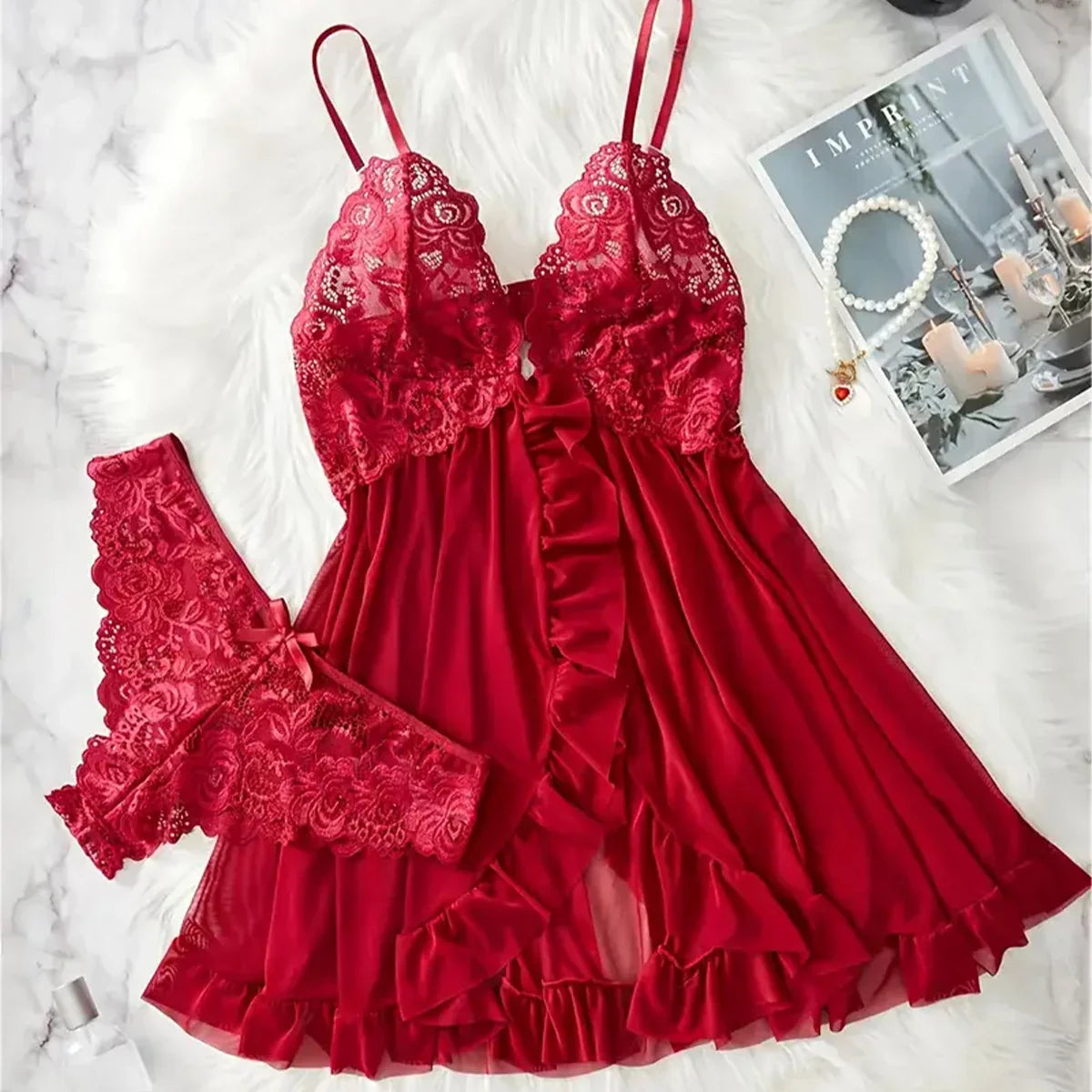 Elegant Transparent Red Lingerie Underwear See Through Sleepwear Lace Nightdress Panty Pijamas Sets Female Babydoll