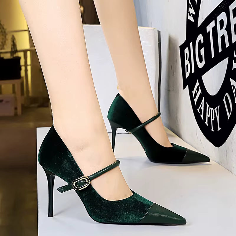 Elegant Velvet Shallow Montage Pointed Toe Metal Buckle Pumps Thin Heels