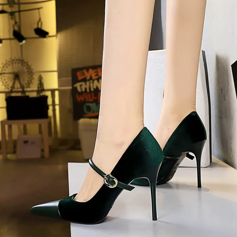 Elegant Velvet Shallow Montage Pointed Toe Metal Buckle Pumps Thin Heels