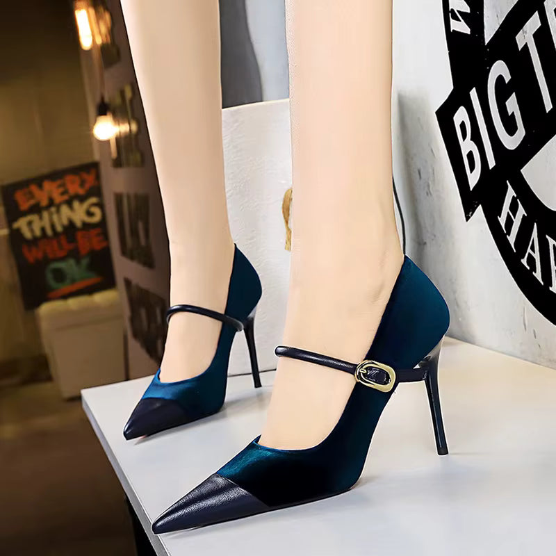 Elegant Velvet Shallow Montage Pointed Toe Metal Buckle Pumps Thin Heels