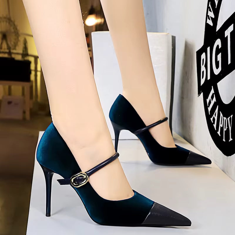 Elegant Velvet Shallow Montage Pointed Toe Metal Buckle Pumps Thin Heels