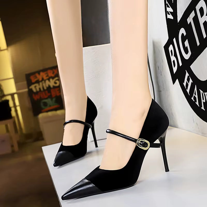 Elegant Velvet Shallow Montage Pointed Toe Metal Buckle Pumps Thin Heels