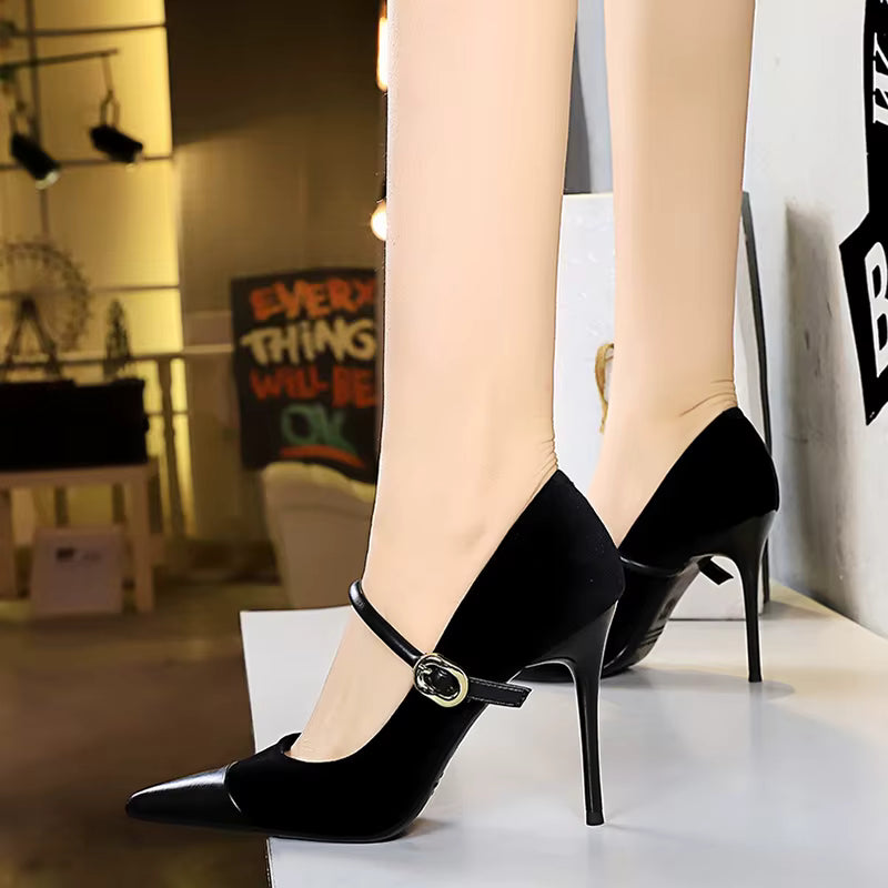 Elegant Velvet Shallow Montage Pointed Toe Metal Buckle Pumps Thin Heels