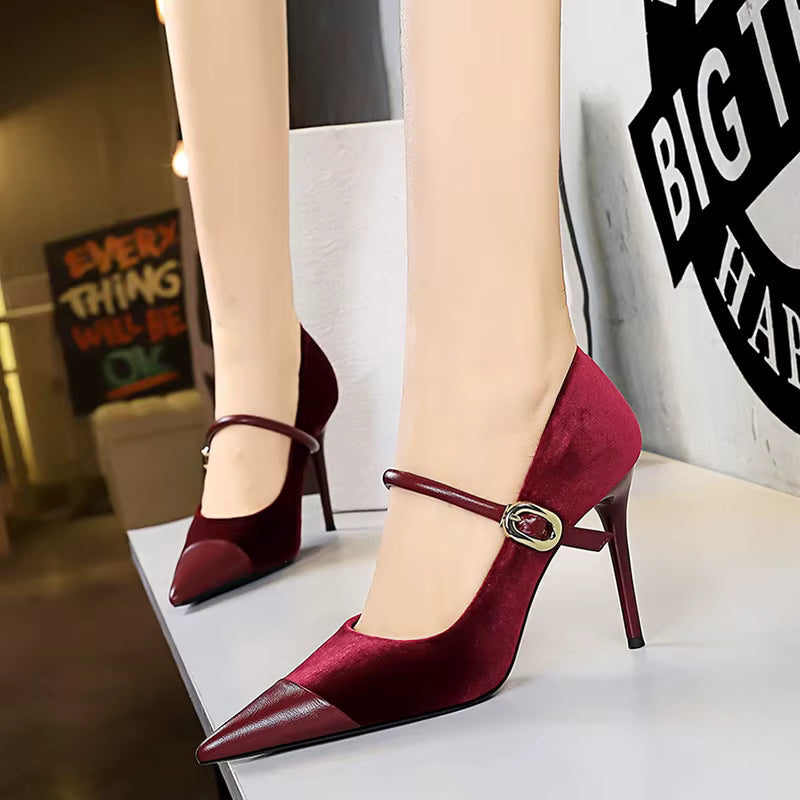 Elegant Velvet Shallow Montage Pointed Toe Metal Buckle Pumps Thin Heels