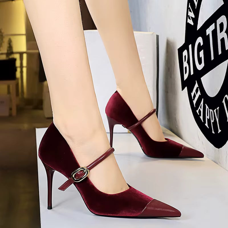 Elegant Velvet Shallow Montage Pointed Toe Metal Buckle Pumps Thin Heels
