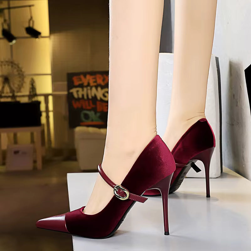 Elegant Velvet Shallow Montage Pointed Toe Metal Buckle Pumps Thin Heels