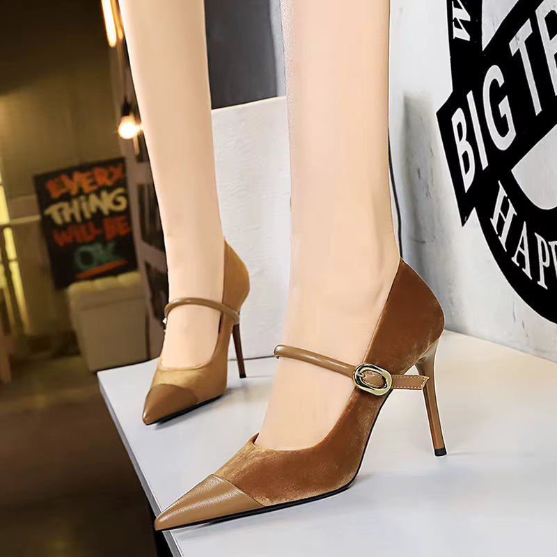 Elegant Velvet Shallow Montage Pointed Toe Metal Buckle Pumps Thin Heels