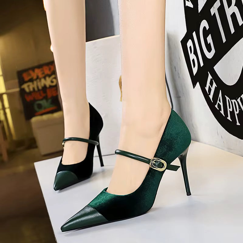 Elegant Velvet Shallow Montage Pointed Toe Metal Buckle Pumps Thin Heels