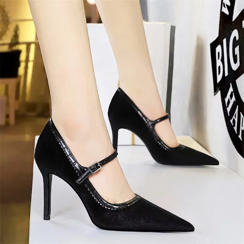 Elegant Velvet Stiletto SLIP-ON Pointed Toe Thin Pumps High Heels