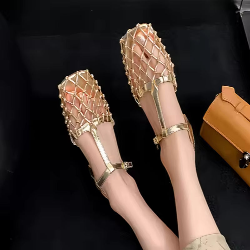 Elegant Weave Mesh Square Toe Low Chunky Designer Pumps Sandals