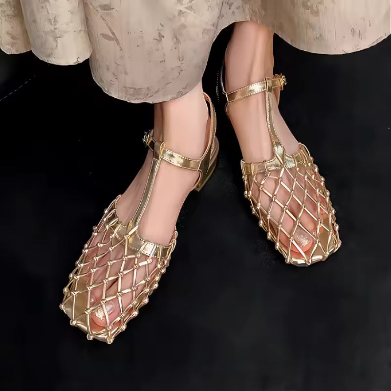 Elegant Weave Mesh Square Toe Low Chunky Designer Pumps Sandals