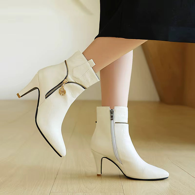 Elegant Zipper Metal Decoration Pointed Toe Thin Heel