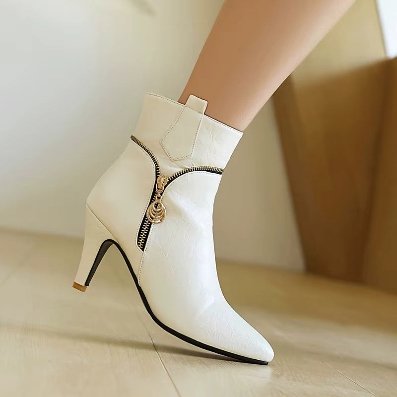 Elegant Zipper Metal Decoration Pointed Toe Thin Heel