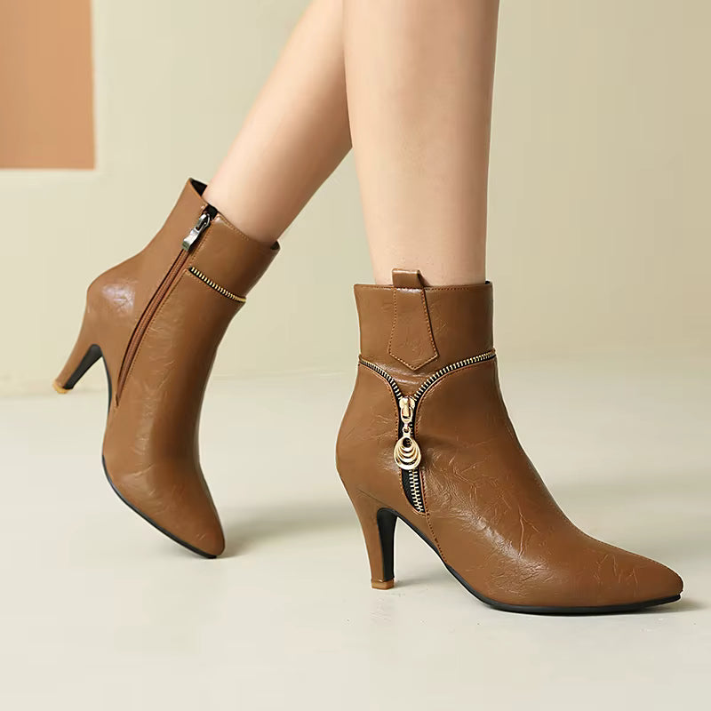 Elegant Zipper Metal Decoration Pointed Toe Thin Heel