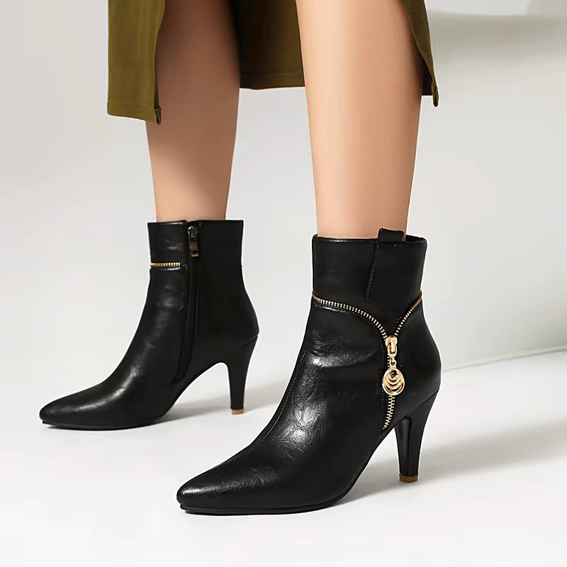 Elegant Zipper Metal Decoration Pointed Toe Thin Heel