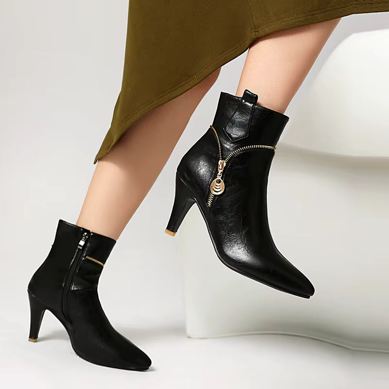 Elegant Zipper Metal Decoration Pointed Toe Thin Heel