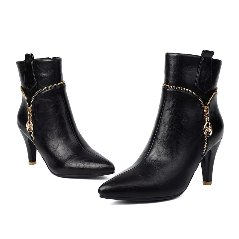 Elegant Zipper Metal Decoration Pointed Toe Thin Heel