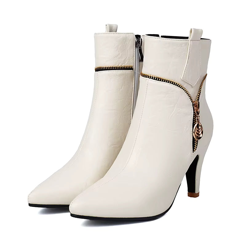 Elegant Zipper Metal Decoration Pointed Toe Thin Heel
