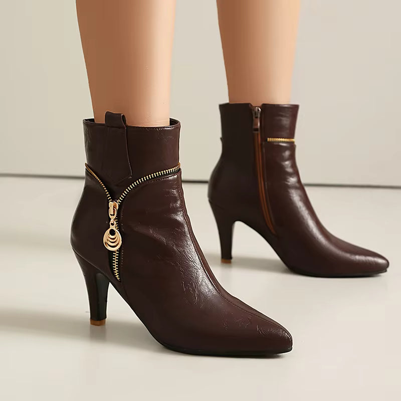 Elegant Zipper Metal Decoration Pointed Toe Thin Heel