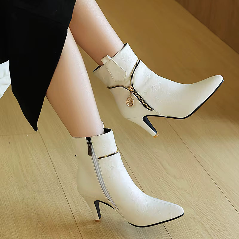 Elegant Zipper Metal Decoration Pointed Toe Thin Heel