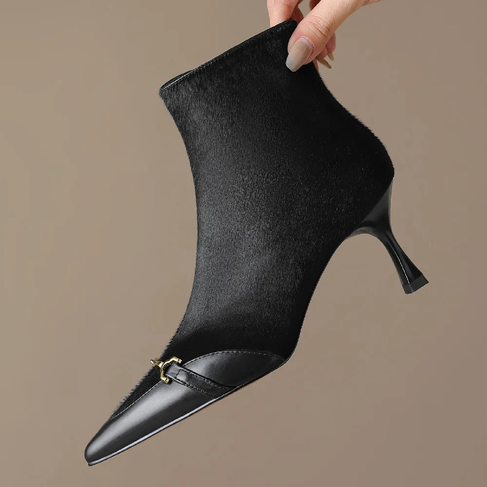 Elegant back zip pointed toe high quality short thin high heel ankle boots
