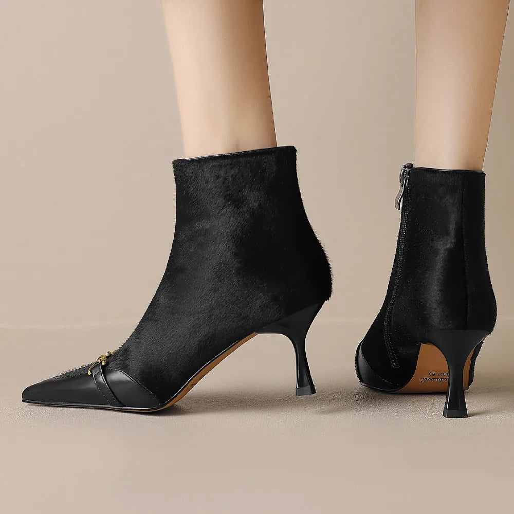 Elegant back zip pointed toe high quality short thin high heel ankle boots