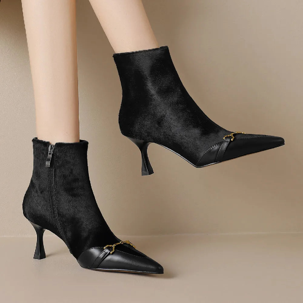 Elegant back zip pointed toe high quality short thin high heel ankle boots