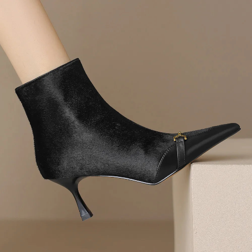 Elegant back zip pointed toe high quality short thin high heel ankle boots
