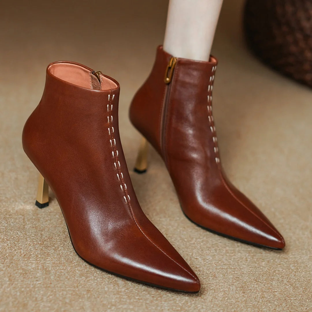 Elegant cow leather pointed toe side zip ankle slim thin high heel shoes
