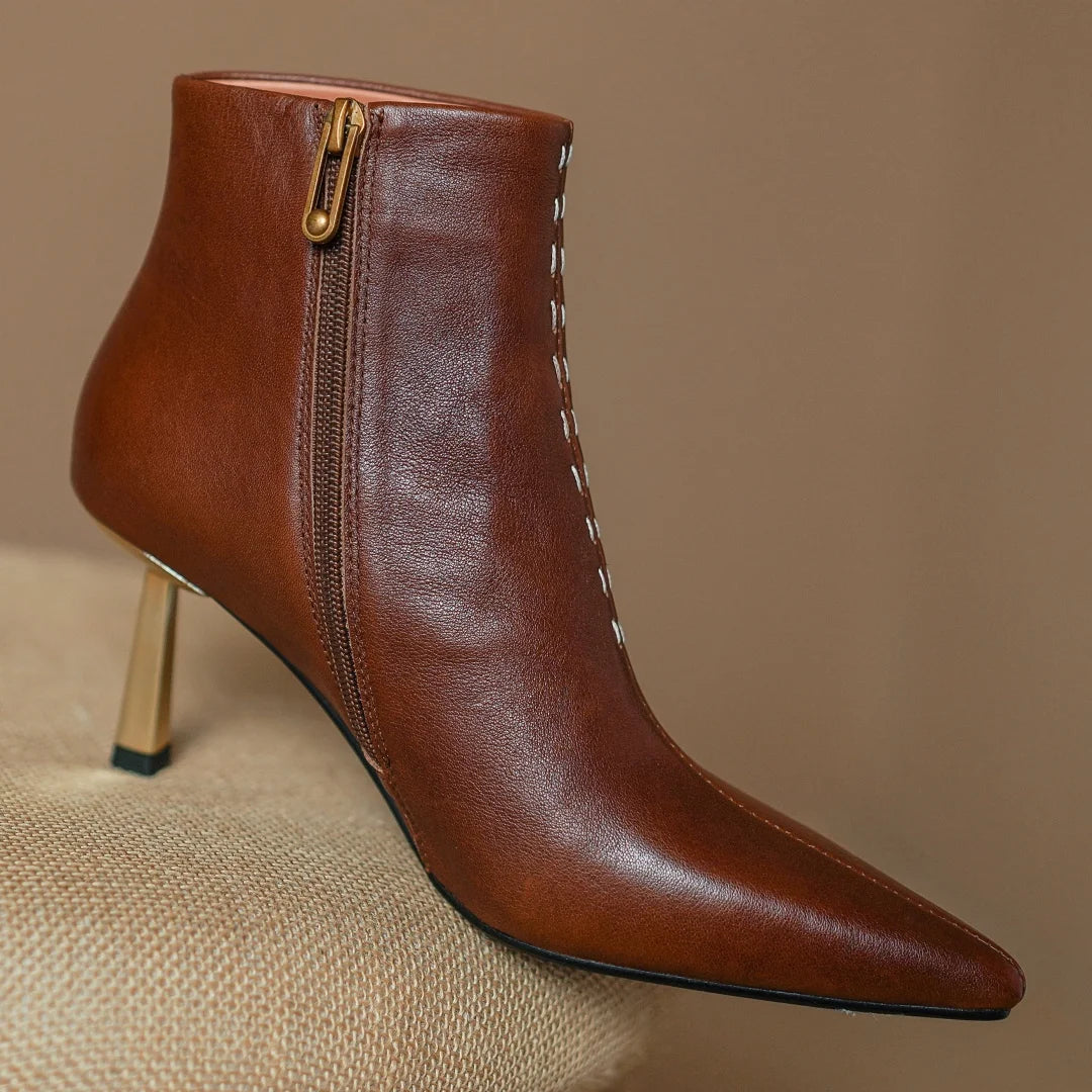 Elegant cow leather pointed toe side zip ankle slim thin high heel shoes