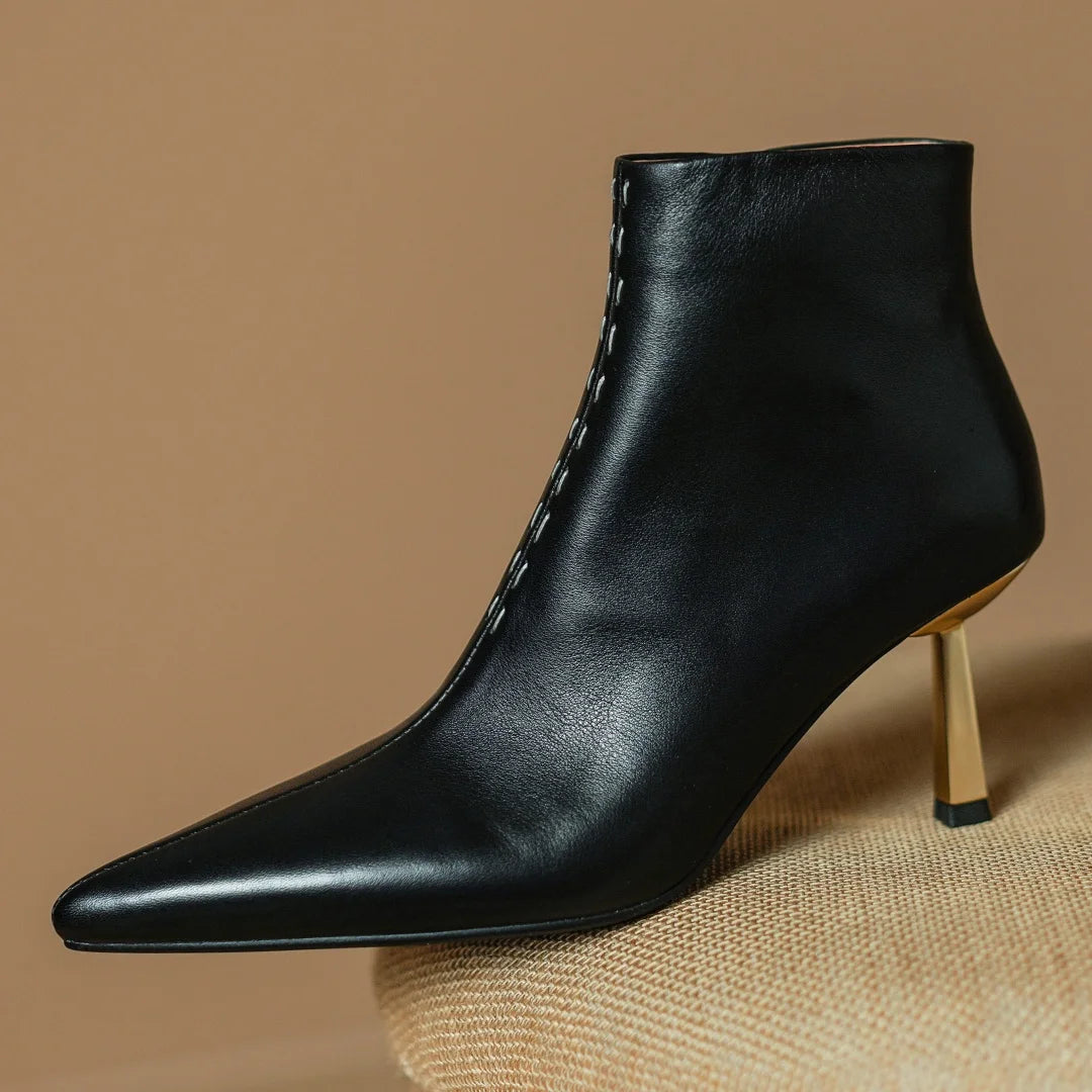 Elegant cow leather pointed toe side zip ankle slim thin high heel shoes