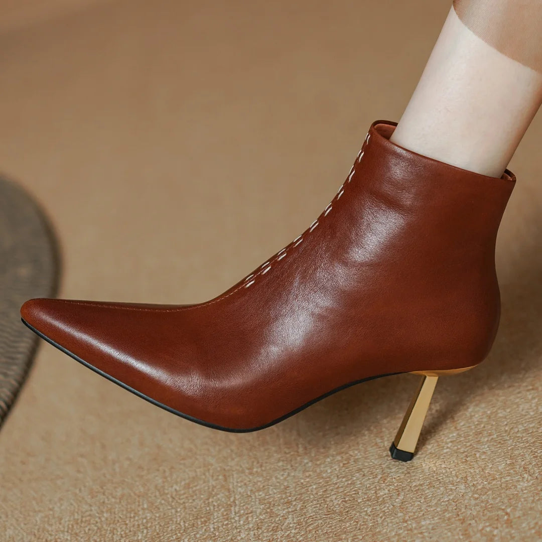 Elegant cow leather pointed toe side zip ankle slim thin high heel shoes