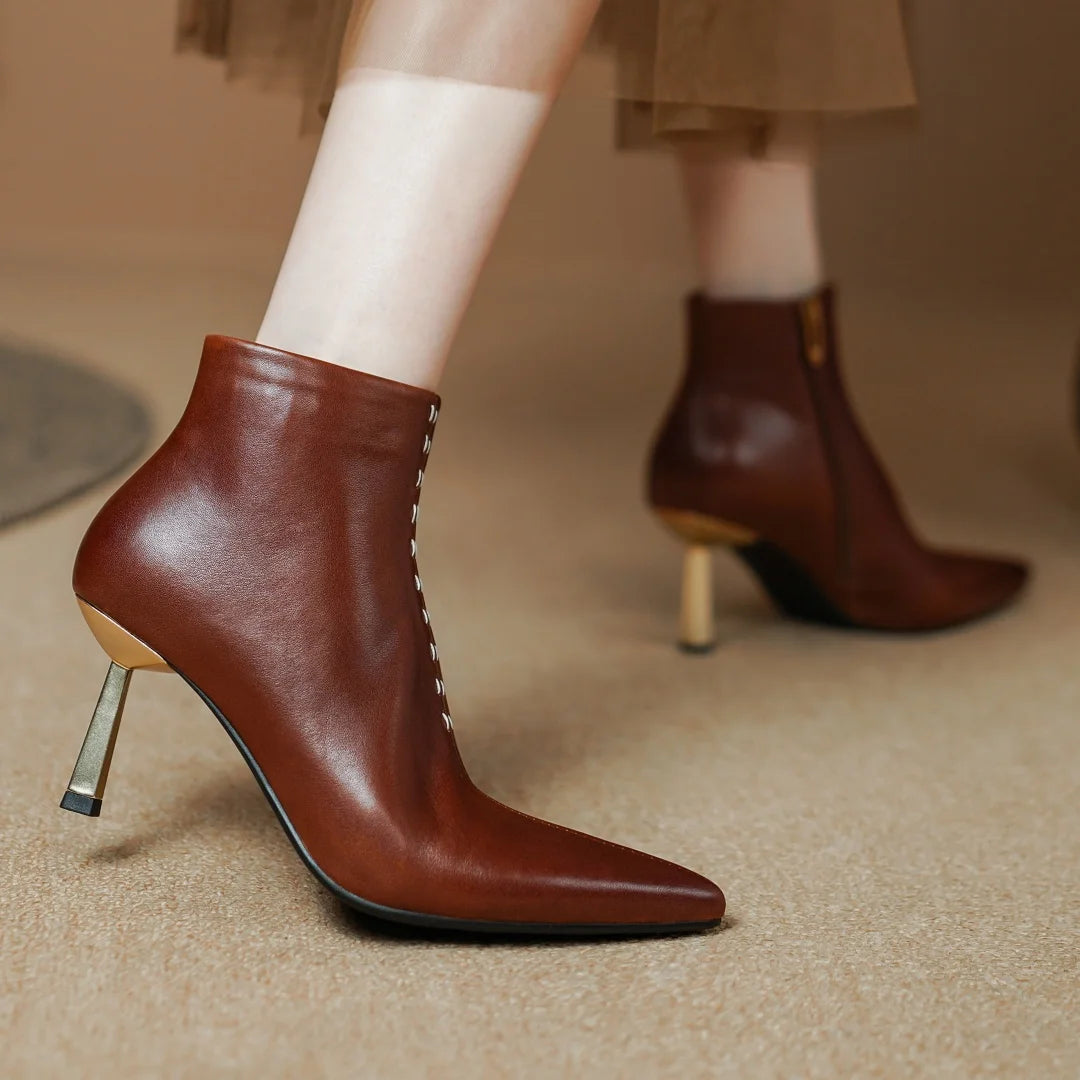 Elegant cow leather pointed toe side zip ankle slim thin high heel shoes