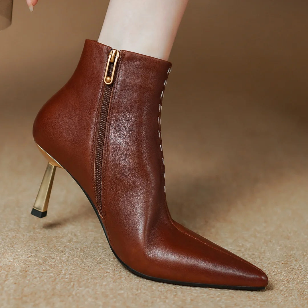 Elegant cow leather pointed toe side zip ankle slim thin high heel shoes
