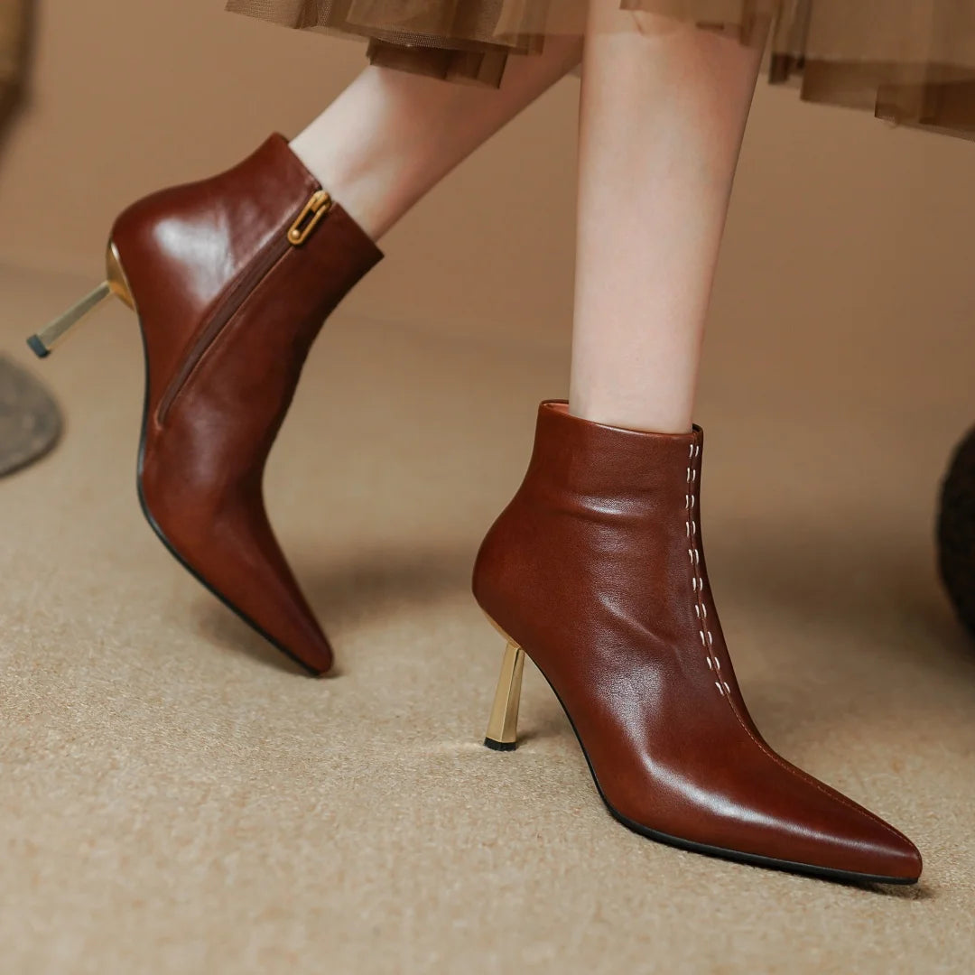 Elegant cow leather pointed toe side zip ankle slim thin high heel shoes