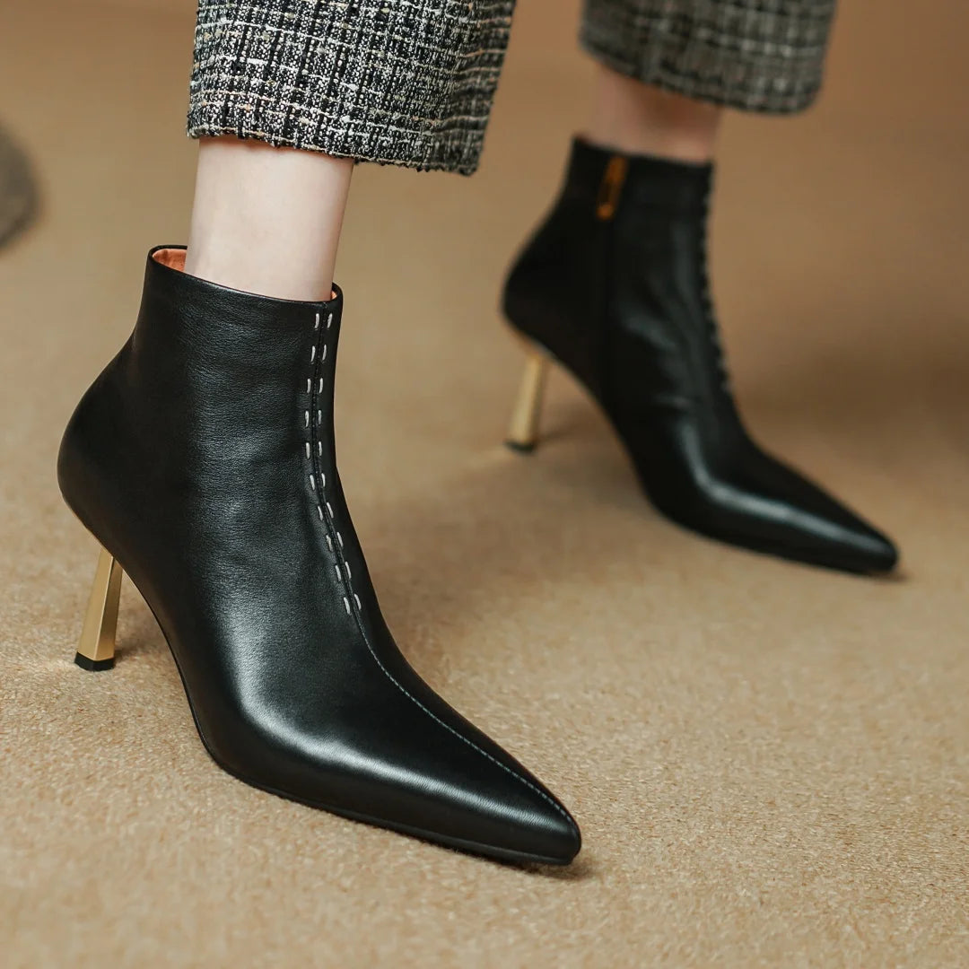 Elegant cow leather pointed toe side zip ankle slim thin high heel shoes