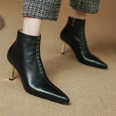 Elegant cow leather pointed toe side zip ankle slim thin high heel shoes