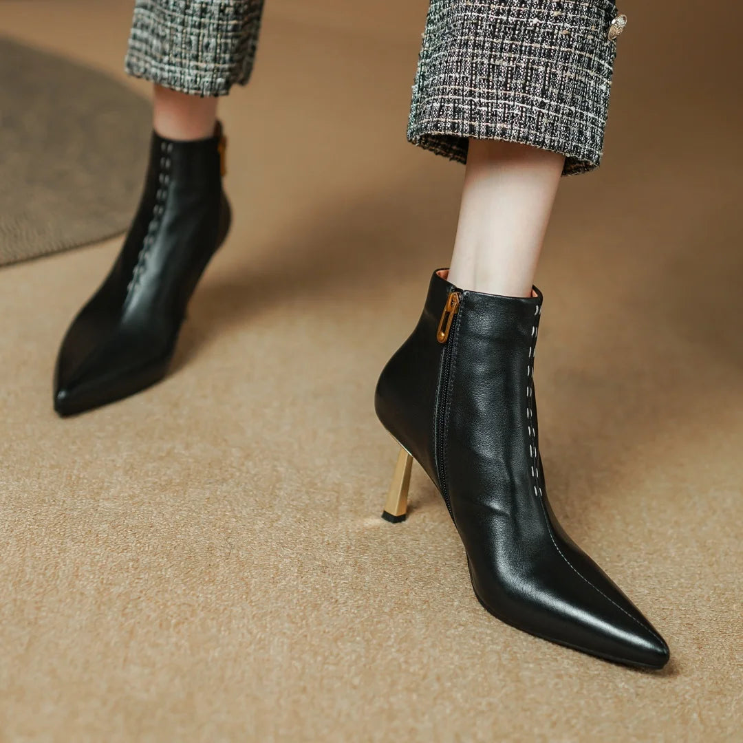 Elegant cow leather pointed toe side zip ankle slim thin high heel shoes