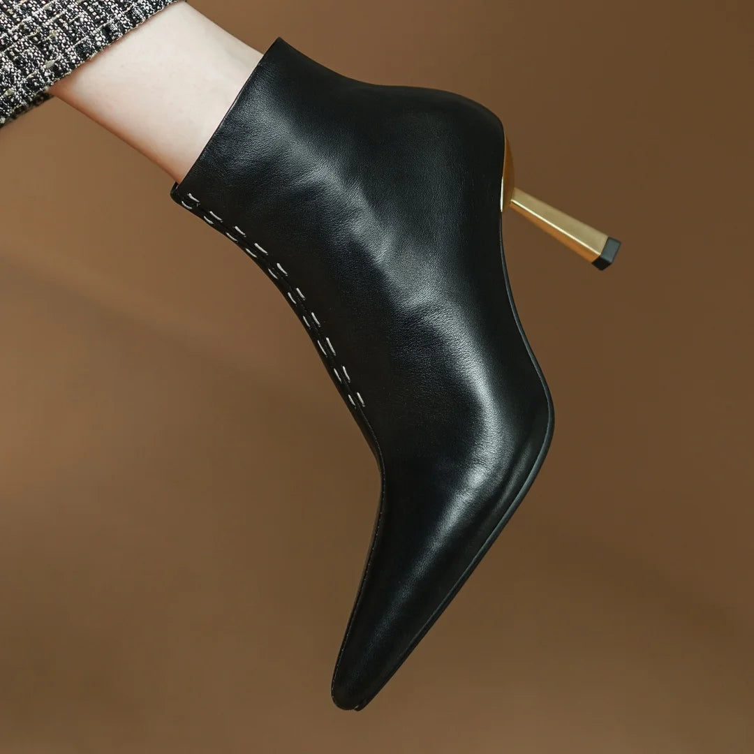 Elegant cow leather pointed toe side zip ankle slim thin high heel shoes