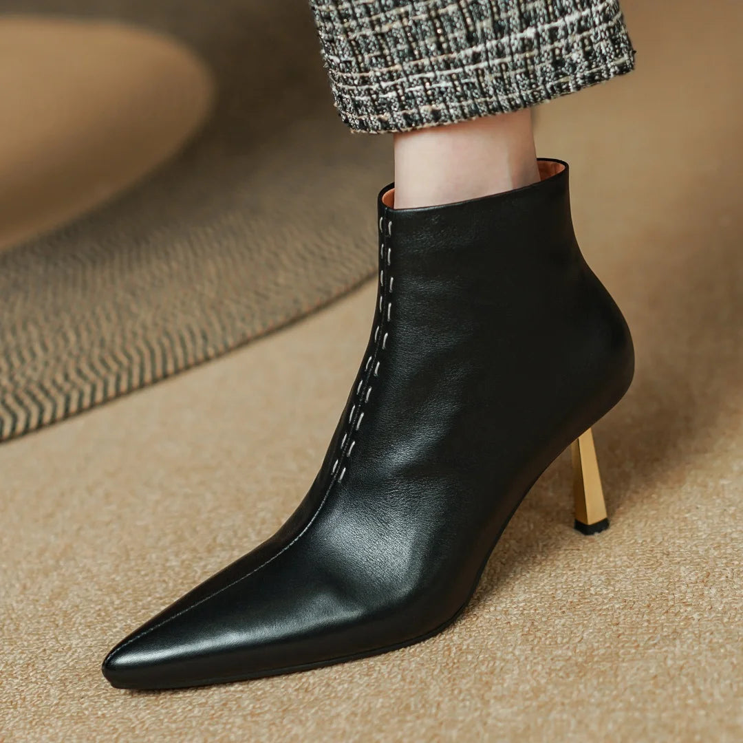 Elegant cow leather pointed toe side zip ankle slim thin high heel shoes