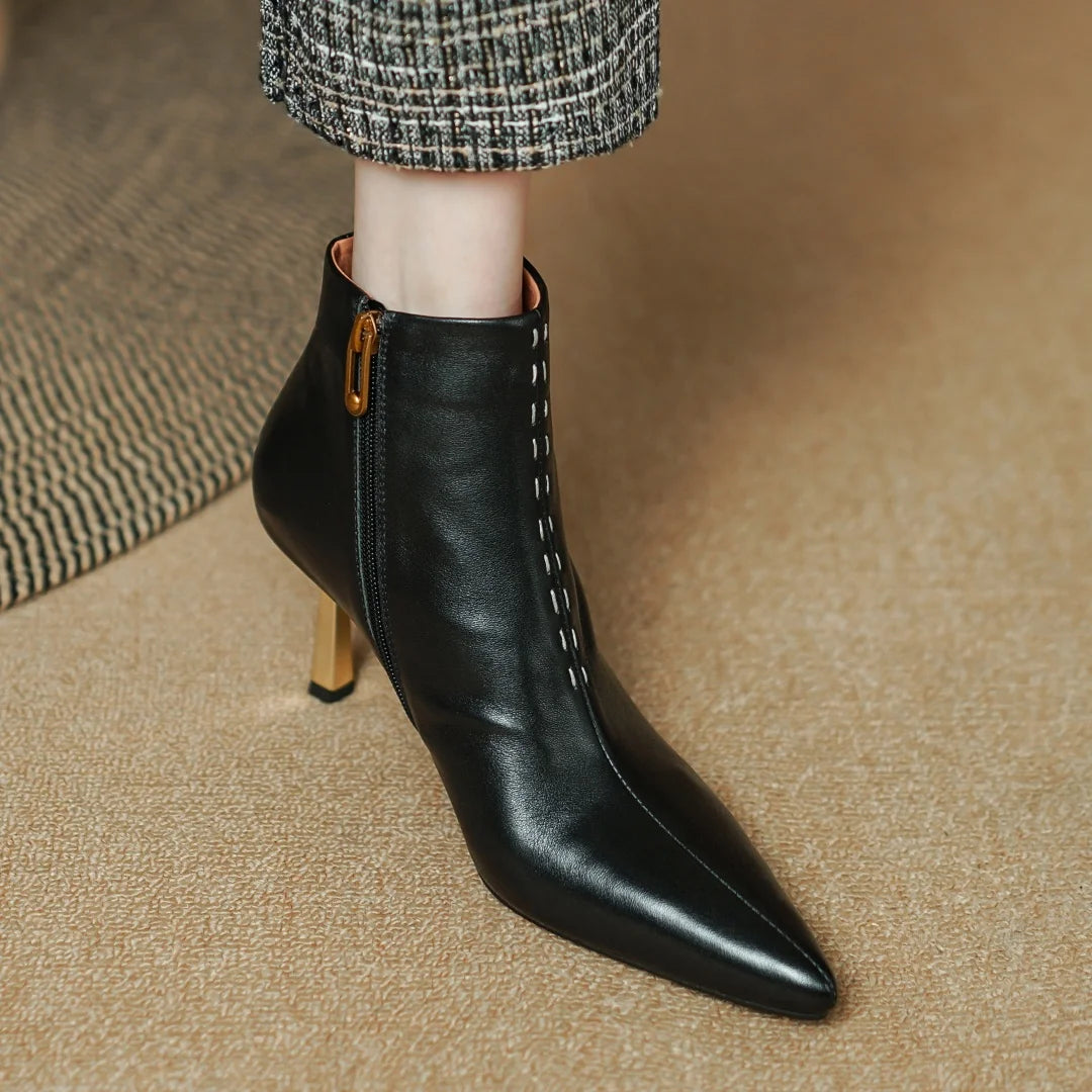 Elegant cow leather pointed toe side zip ankle slim thin high heel shoes