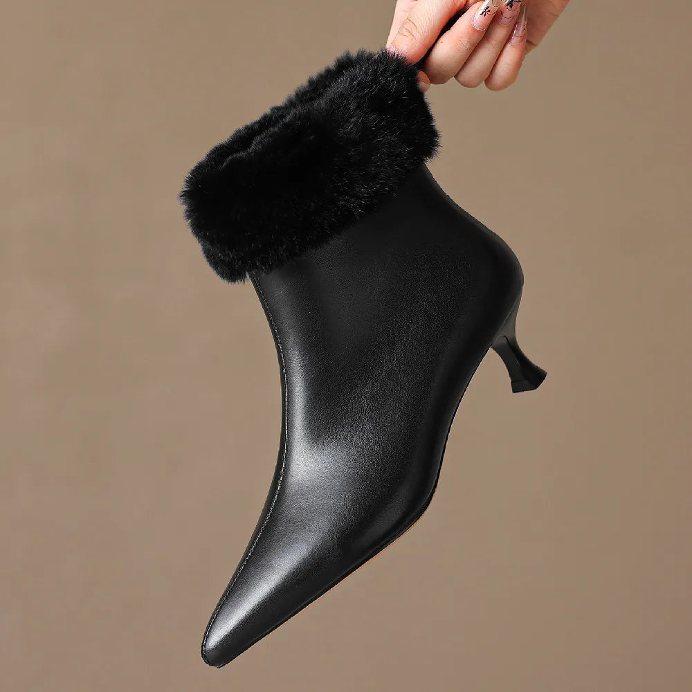 Elegant cow leather rabbit fur pointed toe side zip high quality kitten heel shoe