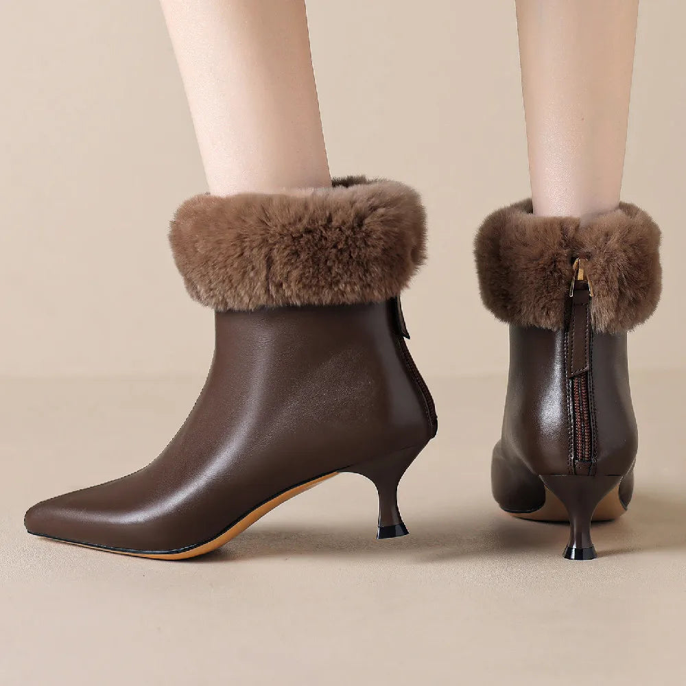 Elegant cow leather rabbit fur pointed toe side zip high quality kitten heel shoe