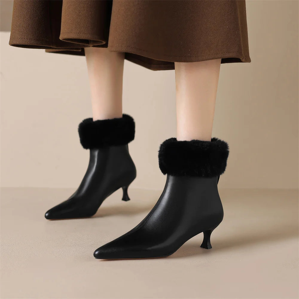 Elegant cow leather rabbit fur pointed toe side zip high quality kitten heel shoe
